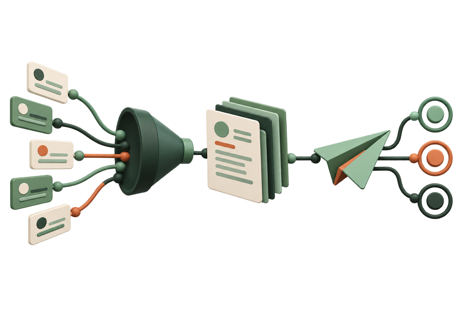 Diagram of the job application pipeline: postings converge through a filter, become tailored documents, are submitted, then land in tracked outcomes.