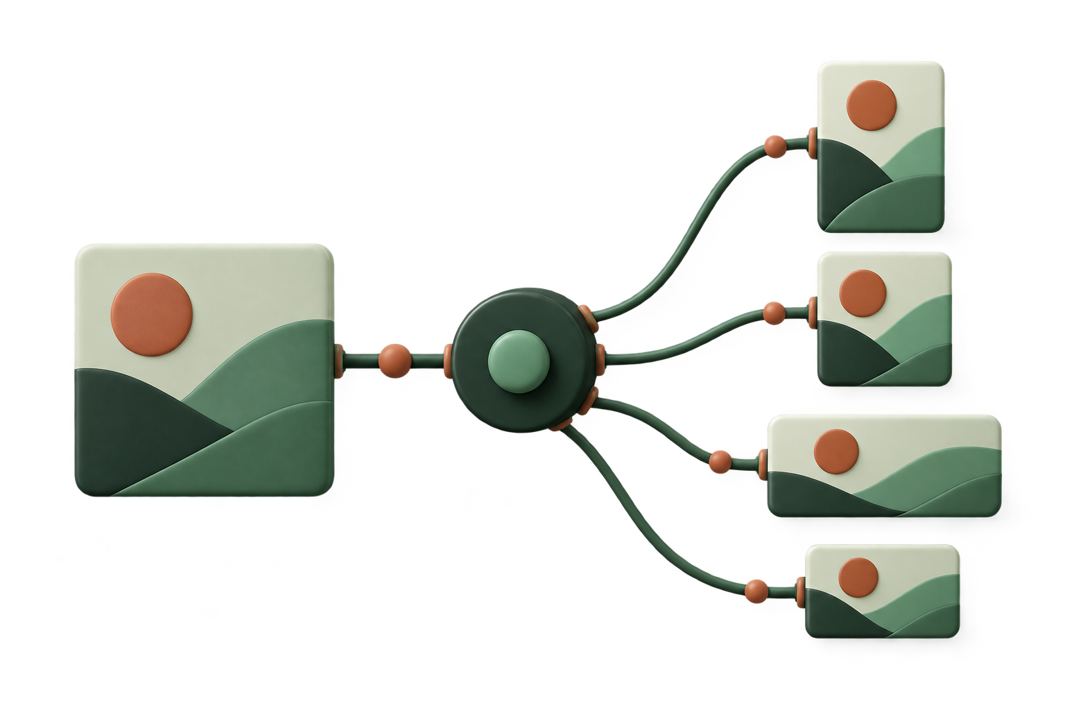Diagram of one piece of content routing through a single hub and fanning out to four adapted platform formats.